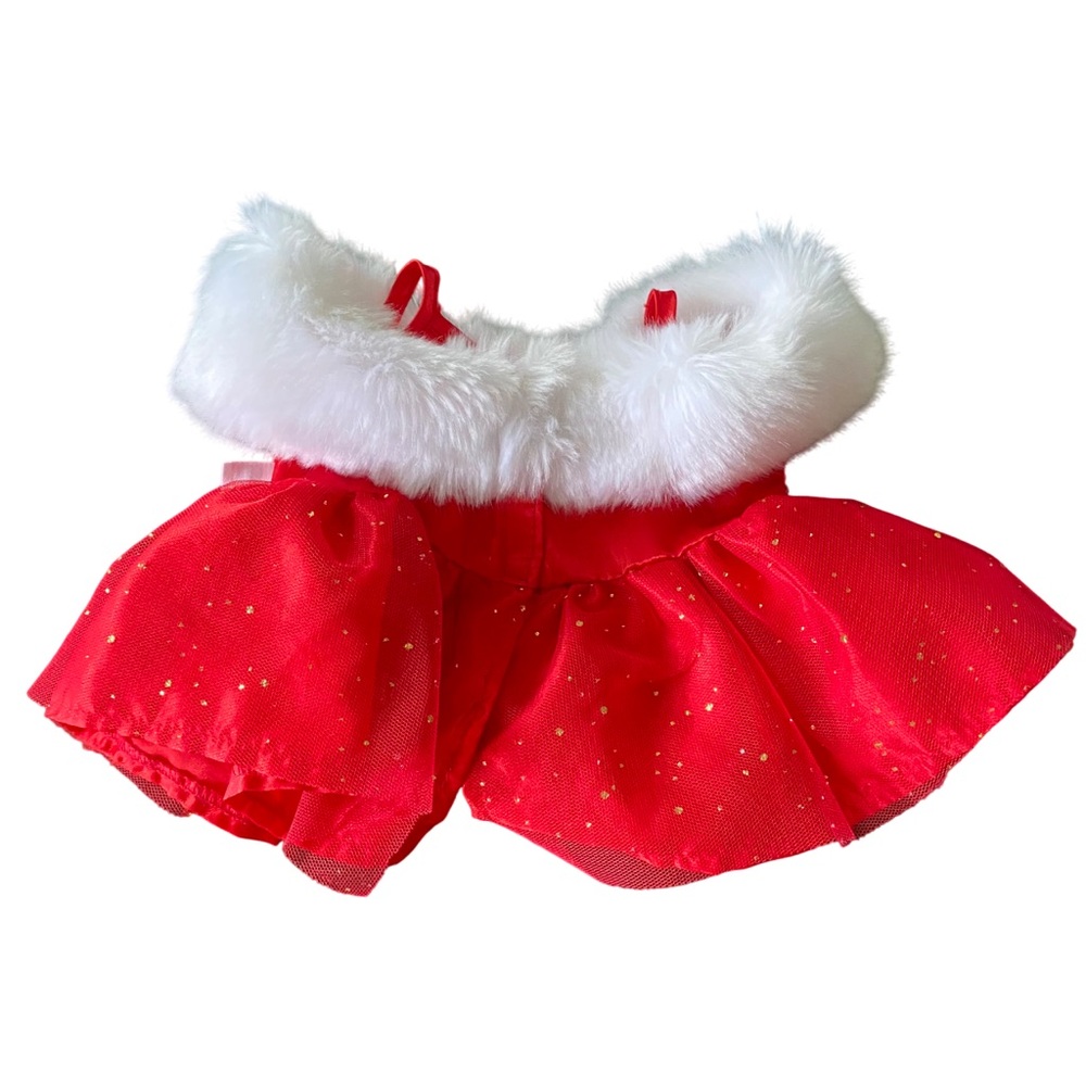 Build-A-Bear BABW Sparkly Red Gold Sequin Tulle White Fur Trim Holiday Dress - Picture 5 of 5